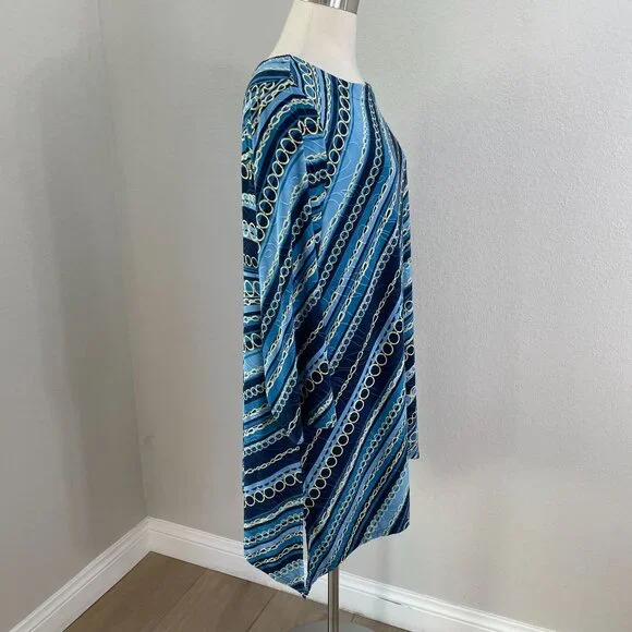 Jm Collection Womens Plus 2X Chain Print Blue Stretch Tunic Top 3/4 Sleeve Shirt - Picture 6 of 8